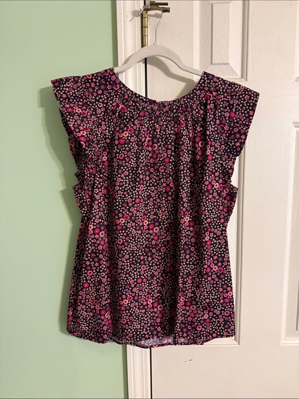 LOFT Black Floral Cap-Sleeve Blouse with Pink Print